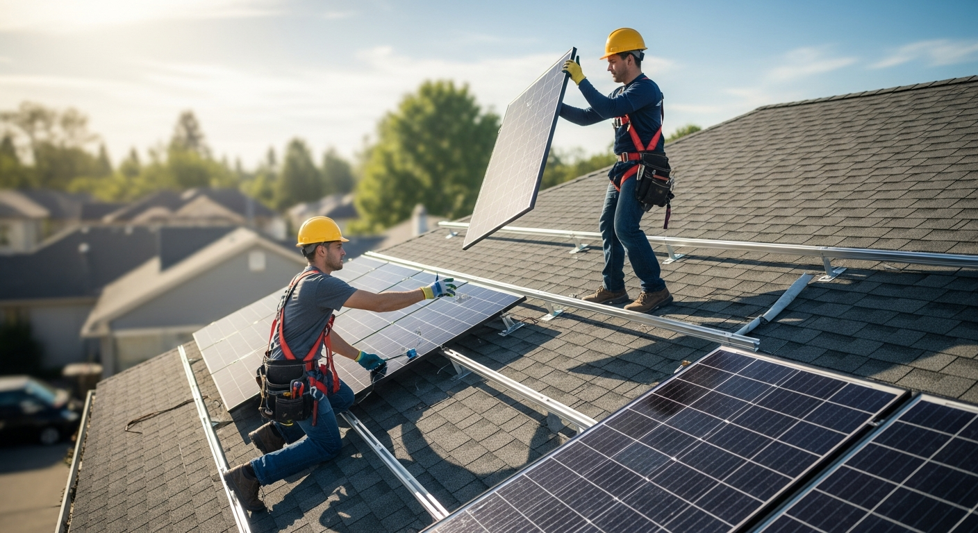 Professional team installing solar panels